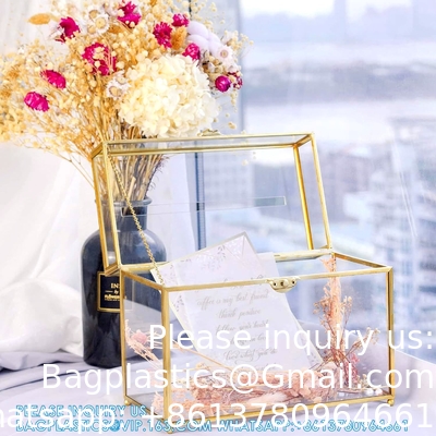 Glass Wedding Card Box With Slot, Clear Card Box Gold Brass Gift Card Storage Box Perfect For Wedding Receptions