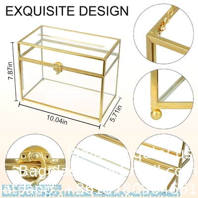 Glass Wedding Card Box With Slot, Clear Card Box Gold Brass Gift Card Storage Box Perfect For Wedding Receptions