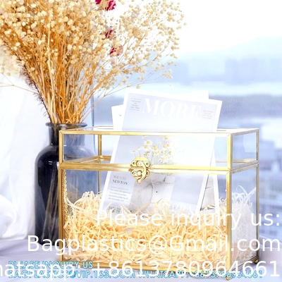 Glass Wedding Card Box With Slot, Clear Card Box Gold Brass Gift Card Storage Box Perfect For Wedding Receptions
