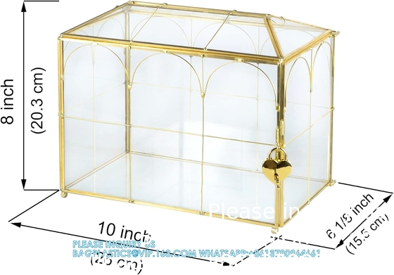 Glass Wedding Card Box with Slot, Large Clear Card Box Gold Brass Gift Card Storage Box with Lock for Wedding
