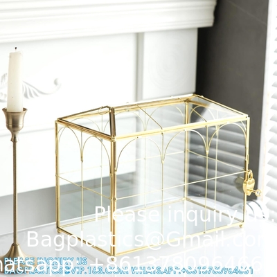 Glass Wedding Card Box with Slot, Large Clear Card Box Gold Brass Gift Card Storage Box with Lock for Wedding