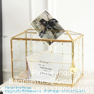 Glass Wedding Card Box with Slot, Large Clear Card Box Gold Brass Gift Card Storage Box with Lock for Wedding