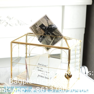 Glass Wedding Card Box with Slot, Large Clear Card Box Gold Brass Gift Card Storage Box with Lock for Wedding