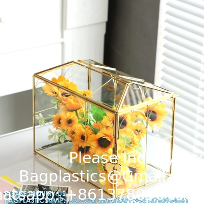 Glass Wedding Card Box with Slot, Large Clear Card Box Gold Brass Gift Card Storage Box with Lock for Wedding