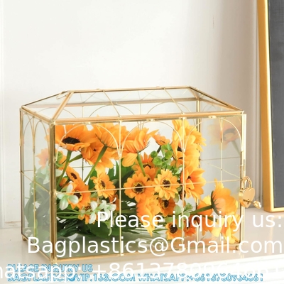 Glass Wedding Card Box with Slot, Large Clear Card Box Gold Brass Gift Card Storage Box with Lock for Wedding