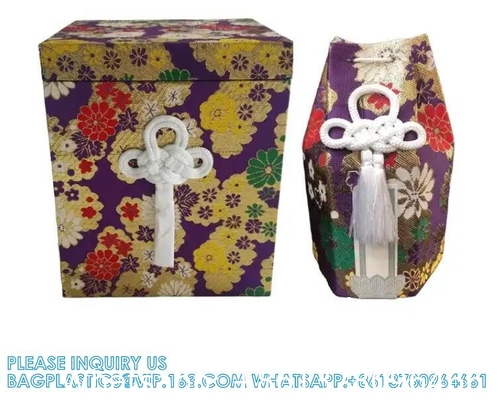 Japanese Funeral Wooden Urn Bone Box And Bag With Flower Pattern Funeral Keepsake Ash Box and Bone Bag