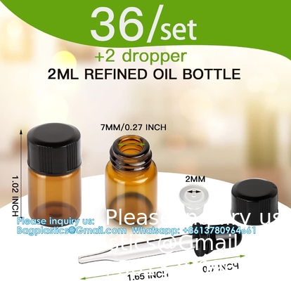 Oil Bottles For Essential Oils, 36 Pcs 2 Ml (5/8 Dram) Amber Glass Vials Bottles, Orifice Reducers And Black Caps