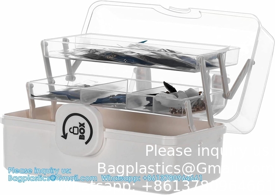 Box With 3-Tier Fold Tray,Tool Organizer Portable Handled Case,Portable Lockable Container For Arts, Crafts,Cosmetic