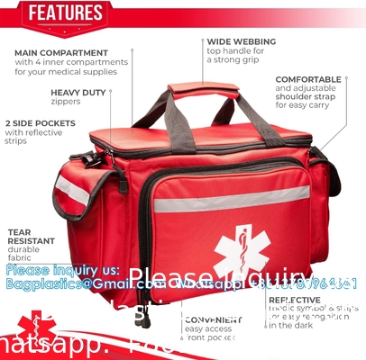 Professional Red Empty Trauma First Aid Medical Bag, 15&quot;X10&quot;X9&quot;, Multi Compartment First Responder Carrier For EMT
