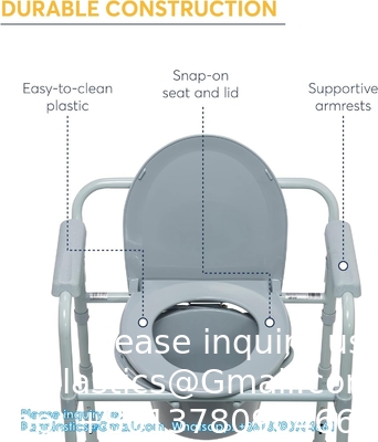 Folding Steel Bedside Commode Chair, Portable Toilet, Supports Bariatric Individuals Weighing Up To 350 Lbs