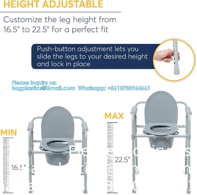 Folding Steel Bedside Commode Chair, Portable Toilet, Supports Bariatric Individuals Weighing Up To 350 Lbs