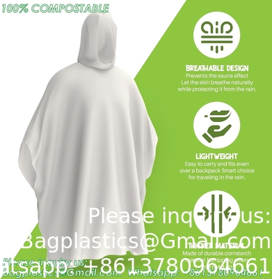 100% PLANT-BASED, Compostable, Biodegradable, Cornstarch, Recyclable, Recycled Rain Ponchos with hood adults
