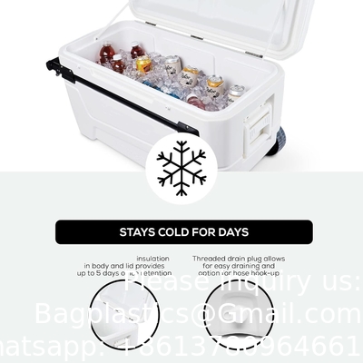55 Quart  Best Sell Ice Box 4 Wheel Premium Wheeled Cooler Foam Insulation Foldable Backrest Seat Chilly Chest
