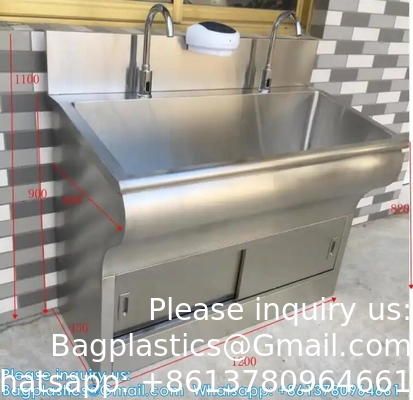 Double Hand Washing Sink Wash Basin With Automatic Sensor Or Pedal Customized 304 Stainless Steel Scrub Sink Induction