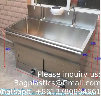 Double Hand Washing Sink Wash Basin With Automatic Sensor Or Pedal Customized 304 Stainless Steel Scrub Sink Induction