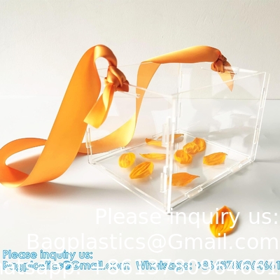 Clear Flower Girl Basket For Wedding - Acrylic Wedding Basket Decoration, Customized Name,Handle With Silk Ribbon