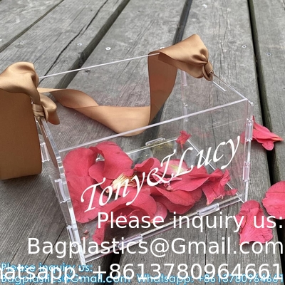 Clear Flower Girl Basket For Wedding - Acrylic Wedding Basket Decoration, Customized Name,Handle With Silk Ribbon