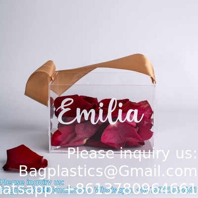 Clear Flower Girl Basket For Wedding - Acrylic Wedding Basket Decoration, Customized Name,Handle With Silk Ribbon