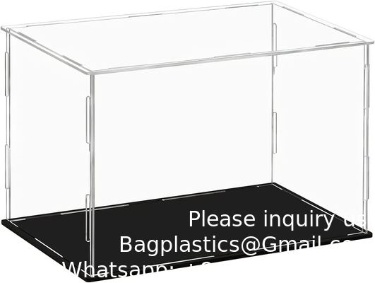Clear Acrylic Display Case,Self-Assembly Display Box with Black Acrylic Base,Countertop Box Cube Organizer Stand Riser