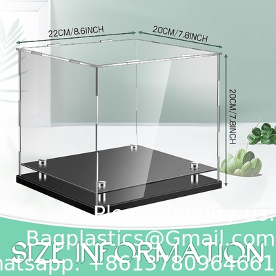 Clear Acrylic Display Case,Self-Assembly Display Box with Black Acrylic Base,Countertop Box Cube Organizer Stand Riser