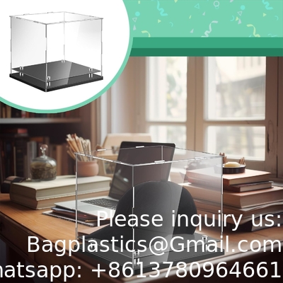 Clear Acrylic Display Case,Self-Assembly Display Box with Black Acrylic Base,Countertop Box Cube Organizer Stand Riser