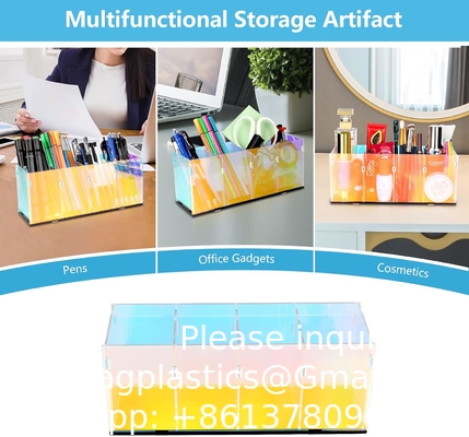 Colorful Transparent Pencil Holders,Acrylic Pen Holder,Makeup Organizer 4 Compartments For Desk,Vanity,Office