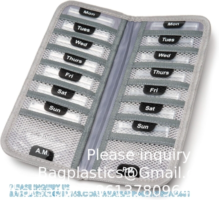 Pill Organizer + Supplement Case For OTC Medicine, Prescription + Vitamins - 14 Labeled Monday-Sunday Pouches