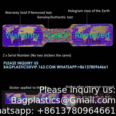 Hologram Tamper Proof Stickers. Tamper Evident Tape. Warranty Void If Removed. Individual Serial Numbers. Large